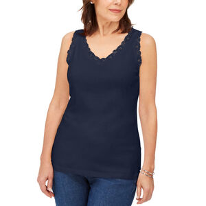 Karen Scott Petite Navy Blue Cotton Lace-Trim Tank Top NWT